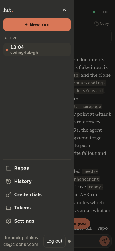 Side menu: active runs, repos, run history, credentials, tokens, and settings