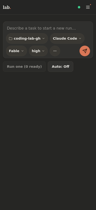 Start screen: describe a task, pick the repo, provider, model, and effort, then send — or start an AFK run